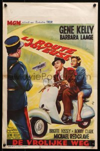 2p152 HAPPY ROAD Belgian 1957 different Wik art of Gene Kelly & Barbara Laage riding on Vespa!