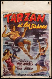 2p223 TARZAN & THE MERMAIDS Belgian 1948 art of Johnny Weissmuller diving & battling octopus!