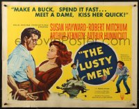 2p715 LUSTY MEN style A 1/2sh 1952 Robert Mitchum with sexy Susan Hayward & riding bull!