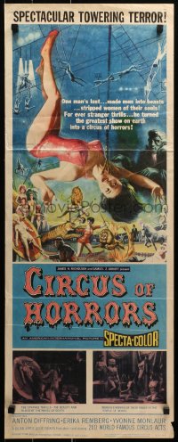 2p407 CIRCUS OF HORRORS insert 1960 outrageous horror art of super sexy trapeze girl hanging by neck!
