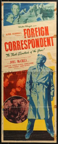 2p425 FOREIGN CORRESPONDENT insert 1946 Alfred Hitchcock, Joel McCrea & spies in WWII, ultra-rare!