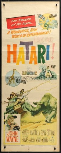 2p446 HATARI insert 1962 Howard Hawks, artwork of John Wayne rounding up rhino in Africa!