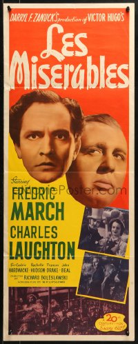 2p474 LES MISERABLES insert R1946 Fredric March as Jean Valjean, Charles Laughton as Jalvert