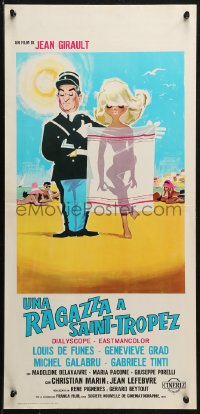 2p281 GENDARME OF ST TROPEZ Italian locandina 1964 art of de Funes on beach w/naked girl behind towel!
