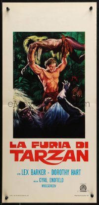 2p341 TARZAN'S SAVAGE FURY Italian locandina R1970s Piovano art of Lex Barker fighting natives!