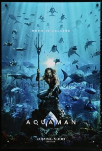 2r064 AQUAMAN int'l teaser DS 1sh 2018 DC, Jason Momoa in title role with great white sharks and more!