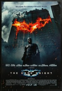 2r221 DARK KNIGHT advance DS 1sh 2008 Christian Bale as Batman in front of burning bat symbol!