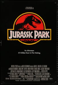 2r485 JURASSIC PARK 1sh 1993 Steven Spielberg, classic logo with T-Rex over red background!