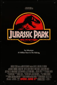 2r486 JURASSIC PARK advance DS 1sh 1993 Steven Spielberg, classic logo with T-Rex over red background