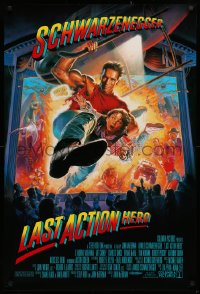 2r520 LAST ACTION HERO 1sh 1993 cool Morgan art of Arnold Schwarzenegger crashing through screen!