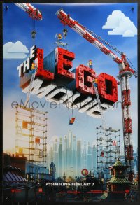 2r532 LEGO MOVIE teaser DS 1sh 2014 cool image of title assembled w/cranes & plastic blocks!