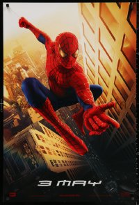 2r814 SPIDER-MAN teaser 1sh 2002 Tobey Maguire swinging over city, Sam Raimi, Marvel Comics!