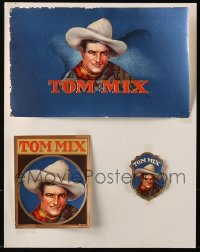 2s030 LOT OF 3 MISCELLANEOUS TOM MIX ITEMS 1930s cool full-color labels with his image!