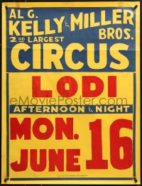2y0276 AL G. KELLY & MILLER BROS. CIRCUS 21x28 circus poster 1950s cool all text sign, Lodi!