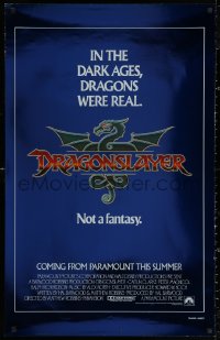 2y0675 DRAGONSLAYER blue foil heavy stock teaser 1sh 1981 Dark Ages, dragons were real, not fantasy!