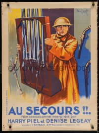 2y0136 AU SECOURS French 24x32 1925 art of soldier Harry Piel carrying gun rack by Gaillant!