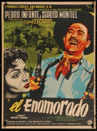 2y0016 EL ENAMORADO Mexican poster 1952 Josep Renau art of laughing man with 2 guns & sexy girl!