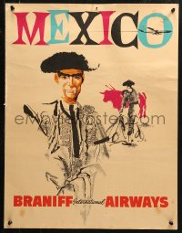 2y0249 BRANIFF INTERNATIONAL AIRWAYS MEXICO 20x26 travel poster 1960s Hinate art of matadors & bull!