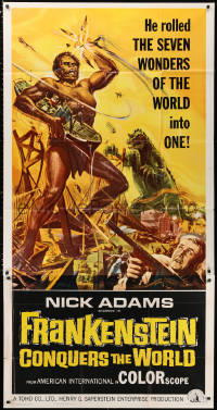 2z0384 FRANKENSTEIN CONQUERS THE WORLD 3sh 1966 Toho, art of monsters terrorizing by Reynold Brown!