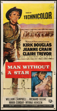 2z0422 MAN WITHOUT A STAR 3sh 1955 art of cowboy Kirk Douglas pointing gun, Jeanne Crain