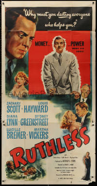 2z0463 RUTHLESS 3sh 1948 Edgar Ulmer Wall Street film noir, Zachary Scott destroys all who help him!