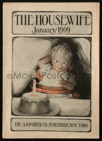 2z0077 HOUSEWIFE magazine January 1909 cover art of baby celebrating first birthday with cake!