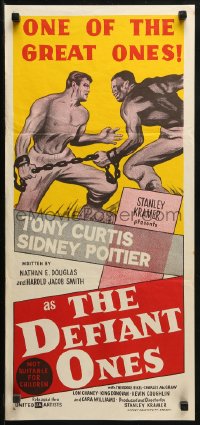 3a0505 DEFIANT ONES Aust daybill 1959 escaped cons Tony Curtis & Sidney Poitier chained together!