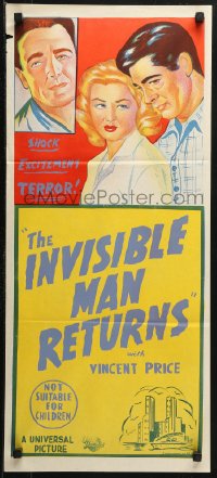 3a0571 UNIVERSAL stock Aust daybill 1950s Vincent Price, Cedric Hardwicke, Invisible Man Returns!