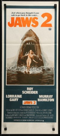 3a0573 JAWS 2 Aust daybill 1978 art of giant shark attacking girl on water skis by Lou Feck!