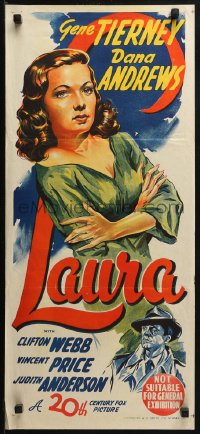 3a0584 LAURA Aust daybill 1945 different noir art of Gene Tierney, Dana Andrews, ultra-rare!