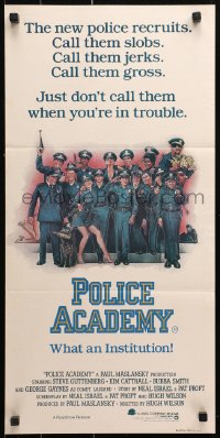 3a0627 POLICE ACADEMY Aust daybill 1984 Steve Guttenberg, Kim Cattrall, Drew Struzan police artwork!