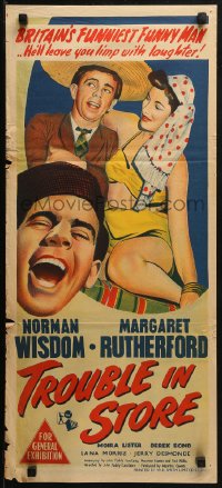 3a0698 TROUBLE IN STORE Aust daybill 1953 Norman Wisdom, the English clown prince of the screen!