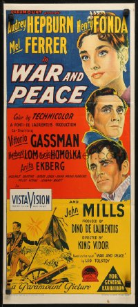 3a0713 WAR & PEACE Aust daybill 1957 Richardson Studio art of Hepburn, Fonda & Ferrer, Tolstoy epic!