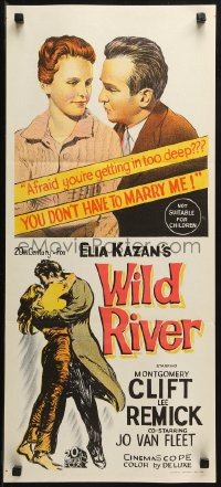 3a0720 WILD RIVER Aust daybill 1960 directed by Elia Kazan, Montgomery Clift embraces Lee Remick!