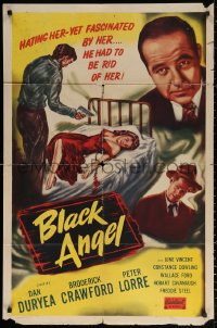 3a0789 BLACK ANGEL 1sh R1950 Dan Duryea, Broderick Crawford, man with gun over woman in red dress!