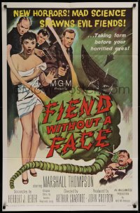 3a0879 FIEND WITHOUT A FACE 1sh 1958 giant brain & sexy girl in towel, mad science spawns evil!