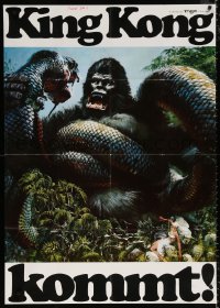 3a0100 KING KONG teaser German 33x47 1976 art of the BIG ape fighting enormous snake by John Berkey!