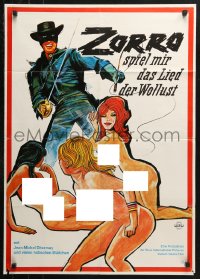 3a0226 RED HOT ZORRO German 1974 art of the masked hero pointing his sword at sexy naked babes!