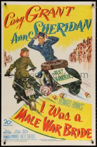 3a0940 I WAS A MALE WAR BRIDE 1sh 1949 cross-dresser Cary Grant & Ann Sheridan on motorcycle, Hawks