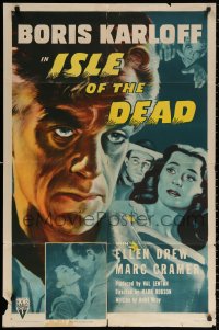 3a0945 ISLE OF THE DEAD 1sh R1953 close-up art and images of Boris Karloff and Drew, ultra-rare!