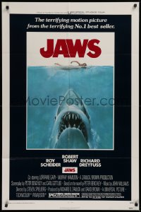3a0949 JAWS 1sh 1975 Roger Kastel art of Spielberg's man-eating shark attacking sexy swimmer!