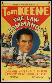 3a0972 LAW COMMANDS 1sh 1937 cool western artwork montage of cowboy hero Tom Keene!