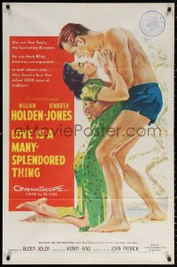 3a0984 LOVE IS A MANY-SPLENDORED THING 1sh 1955 art of William Holden holding sexy Jennifer Jones!