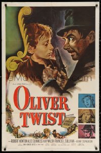 3a1041 OLIVER TWIST 1sh 1951 cool art of Robert Newton threatening Davies, directed by David Lean!