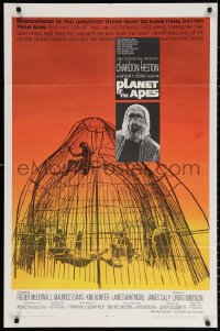 3a1064 PLANET OF THE APES 1sh 1968 Charlton Heston, classic sci-fi, cool art of caged humans!