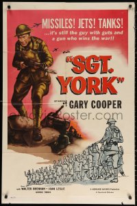 3a1105 SERGEANT YORK 1sh R1958 art of Gary Cooper, Howard Hawks, missiles, jets, tanks!
