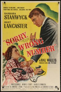 3a1117 SORRY WRONG NUMBER 1sh 1948 Burt Lancaster about to backhand startled Barbara Stanwyck!