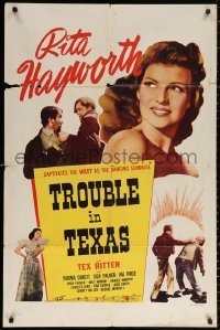 3a1164 TROUBLE IN TEXAS 1sh R1940s smiling portrait of Tex Ritter + art of him on horse!