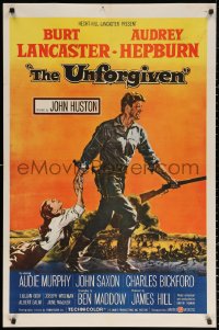 3a1167 UNFORGIVEN 1sh 1960 McCarthy & Cravath art of Burt Lancaster & Audrey Hepburn, John Huston!