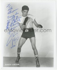 3f0991 CHICO VEJAR signed 8x10 REPRO still 1990s full-length portrait of the boxer in fighting stance!